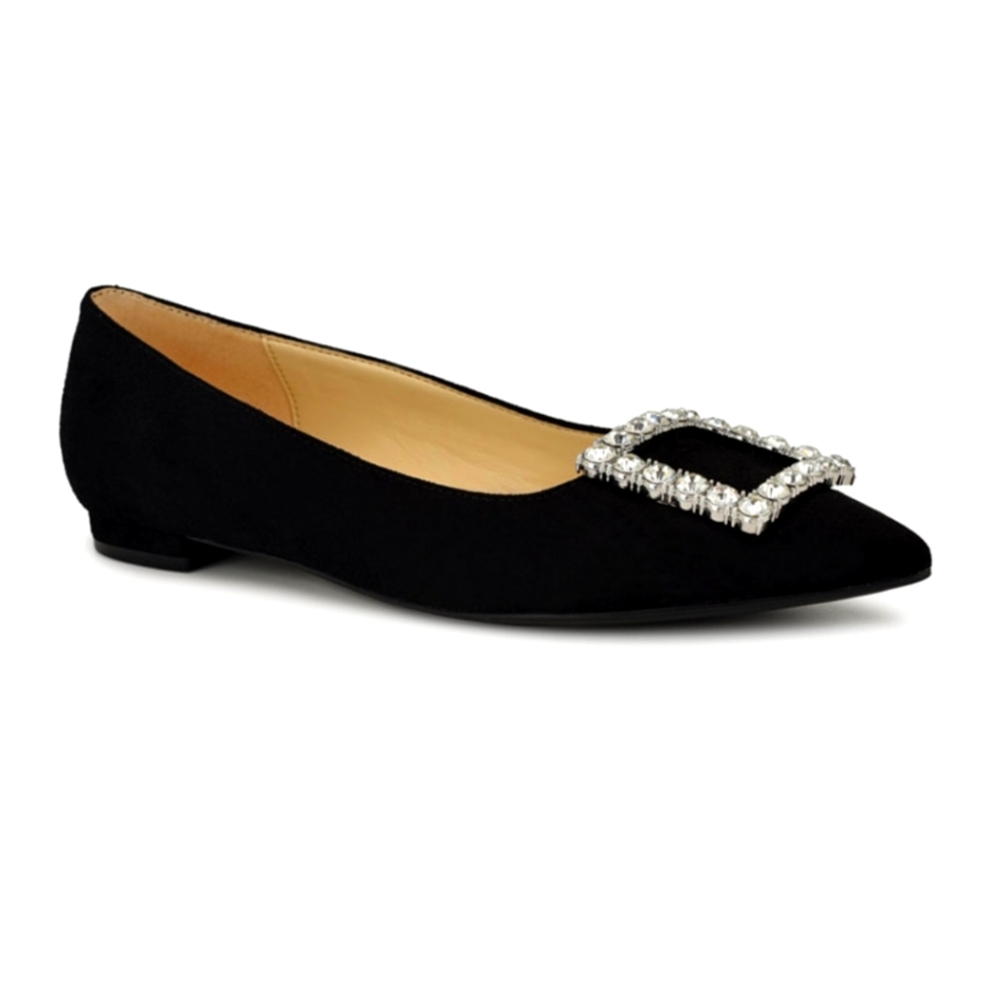Nine Wesy Elegant Black Flats with Crystal Embellishment